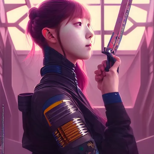 Image similar to painting of cyberpunk chuu loona kpop smiling cheerfully and fixing her black katana, ultra realistic, concept art, intricate details, eerie, highly detailed, photorealistic, octane render, 8 k, unreal engine. art by artgerm and greg rutkowski and magali villeneuve and alphonse mucha