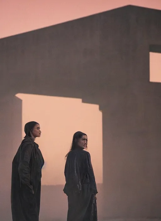 Image similar to cinestill 5 0 d photographic portrait by steve mccurry of two loving female androids wearing rugged black techwear on a desolate plain with a red sky in front of a brutalist structure, extreme closeup, cyberpunk style, dust storm, 8 k, hd, high resolution, 3 5 mm, f / 3 2, ultra realistic faces, ex machina