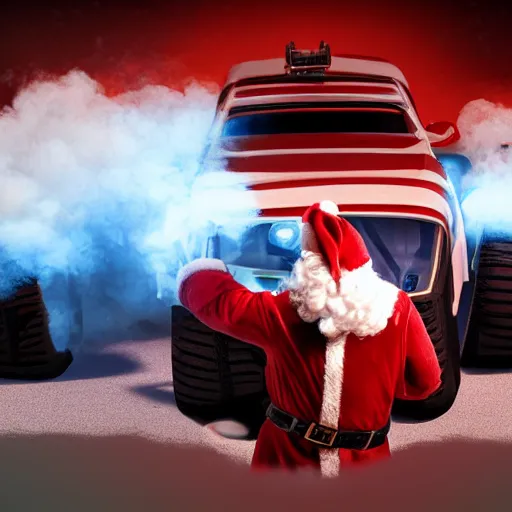 Image similar to Santa Clause driving a rally car he is going fast there is smoke coming from the tires, octane render, realistic lighting, realistic shadows, highly reflective, photo realistic, hyper realistic