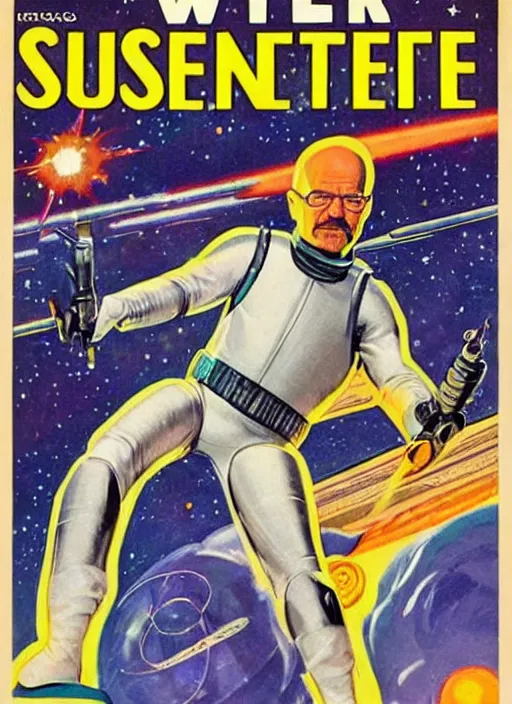 Prompt: Walter White as space ranger in retro science fiction cover by Kelly Freas (1965)