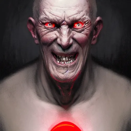 Image similar to portrait of a red bald man with black eyes and a black teeth, horror, glowing eyes, by Stanley Artgerm Lau , greg rutkowski, thomas kindkade, alphonse mucha, loish, norman rockwell. Trending on artstation detailed illustration hd 4k