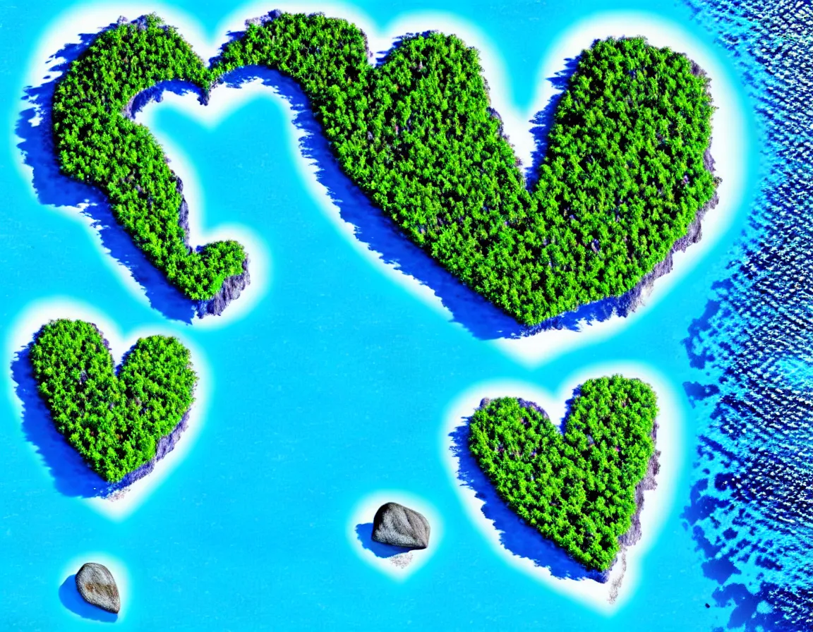 Image similar to realistic photograph of exotic tree heart / shaped island with blue lagoon, tranquil scene