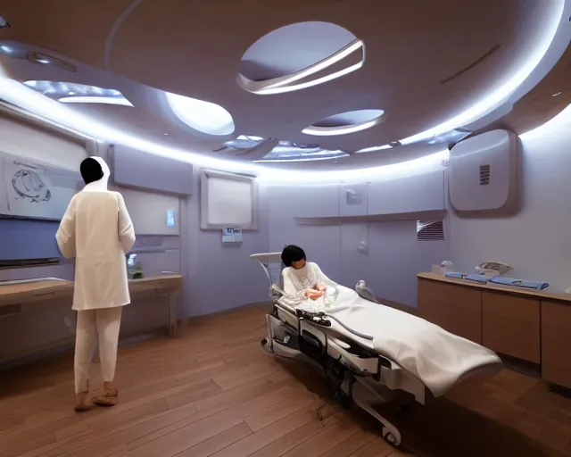 Prompt: The zen environment of the hospital room of the future, in a futuristic spaceship, with calming bright lights and a welcoming Japanese rose pattern wall and a breathtaking wooden floor, a doctor and her patient look at a computer screen showing medical graphs