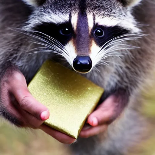 Prompt: a raccoon hold a gift in his hands