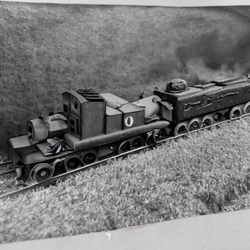 Image similar to german world war two artillery train with thomas the tank engine's face, old worn photograph