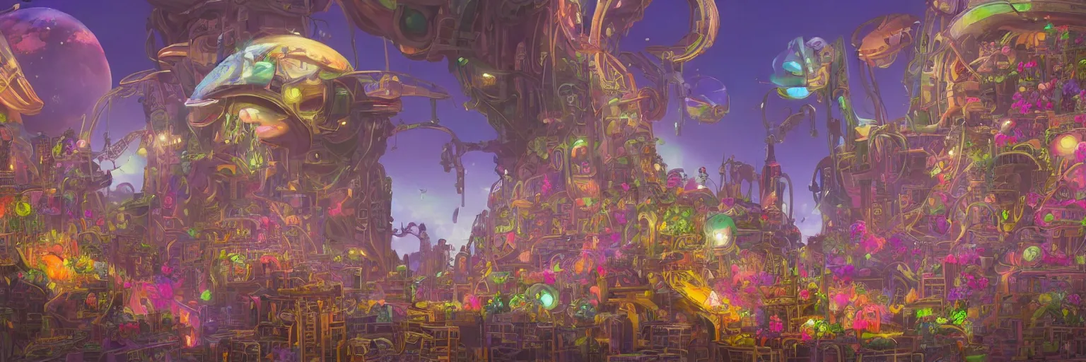 Image similar to beautiful low angle painting of an alien world with sleek architecture, steampunk, ground made of multicolour flowers, neon lights, a tiny girl watching on, in the style of don bluth, giorgio vasari, andrea pozzo, elegant, highly detailed, digital painting, artstation, cinematic lighting, glowing light and shadows, trending on artstation, octane render