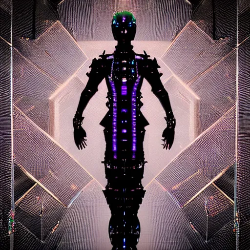 Prompt: “Powerful dark sleek humanoid being wearing iridescent shimmering cosmic gothic ninja armor made of circuit boards (Epic scene, rich atmosphere, octane render, full body portrait)”