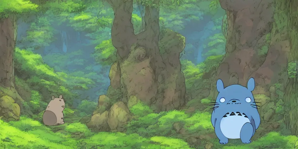 Image similar to blue bear shaped like totoro looking into large cave entrance in a lush forest with waterfalls, beautiful ambiance, studio ghibli style, by hayao miyazaki, sharp focus, highly detailed, 4k