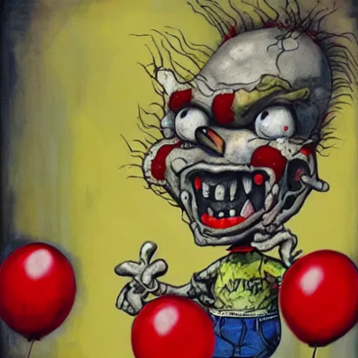 Image similar to grunge painting of spongebob with a wide smile and a red balloon by chris leib, loony toons style, pennywise style, corpse bride style, horror theme, detailed, elegant, intricate