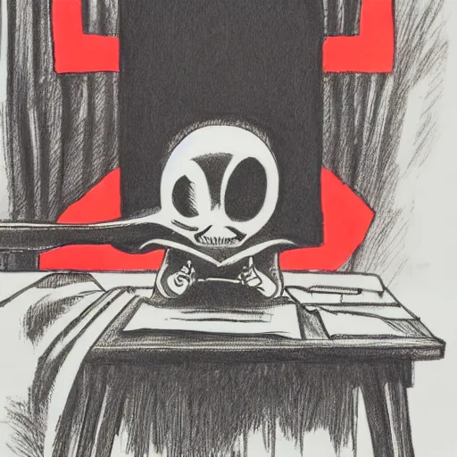 Image similar to dark lord sitting at desk, 3 / 4 view, portrait, ghibli, red demon cyberpunk symbols