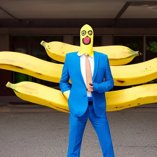 Image similar to banana head, a man wearing a suit banana head