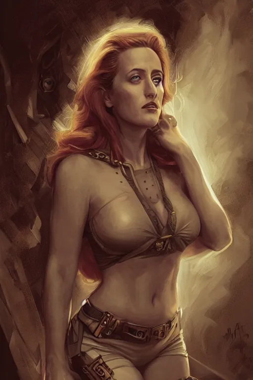 Image similar to young Gillian Anderson as a ruggedly handsome heroine, intricate, elegant, highly detailed, centered, digital painting, artstation, concept art, smooth, sharp focus, illustration, art by artgerm and donato giancola and Joseph Christian Leyendecker, Ross Tran, WLOP