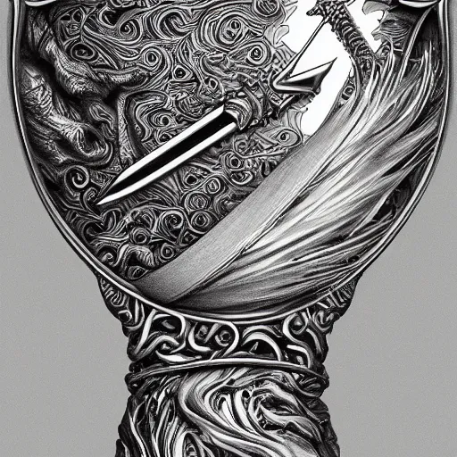 Image similar to ultra detailed hyper realistic deep focus smooth artstation wlop intricate highly detailed award winning porcelain engraved runed chaos sword