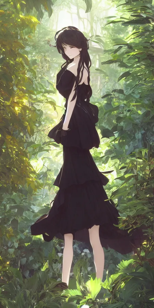 Image similar to a loli with long hair in a black dress in the privet garden at after noon, green and warm theme, back lighting, by krenz cushart and mucha and akihito yoshida and greg rutkowski and makoto shinkai, extremely long shot, detailed eyes, 4 k resolution, highly detailed, trending on art station