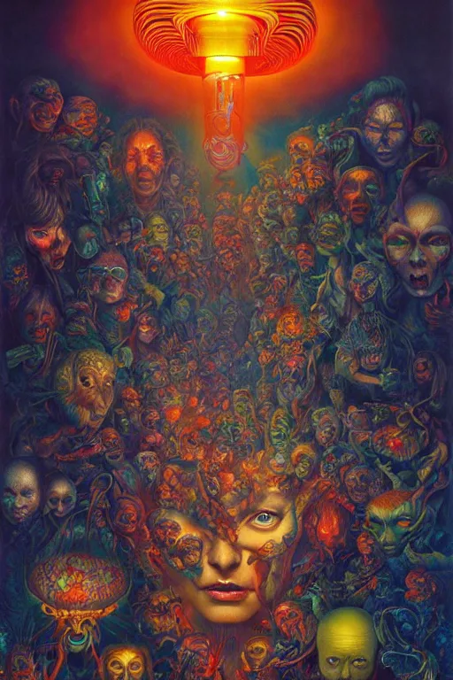 Image similar to hell, people suffering, evil spirits roam with lanterns, highly saturated colors, overdetailed art, holographic undertones, psychedelic lights and fog, zdzislaw, ayami kojima, yamamoto, barclay shaw, karol bak, hyperrealist, 8 k