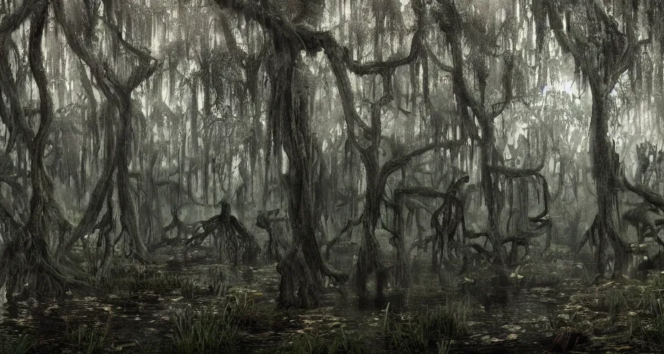 Prompt: A dense and dark enchanted forest with a swamp, from Kenshin