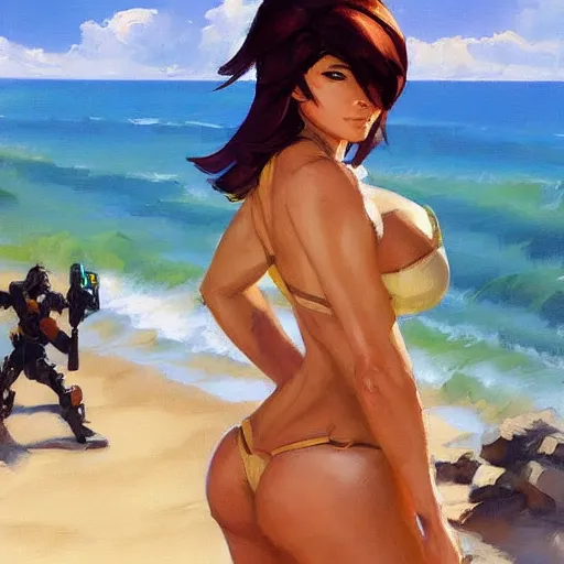 Prompt: greg manchess splashart painting of overwatch's tracer in a bikini, overwatch art team