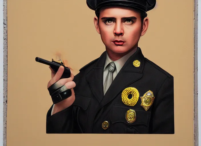 Prompt: a donut dressed like a police officer, lowbrow, matte painting, 3 - d highly detailed, in the style of mark ryden,