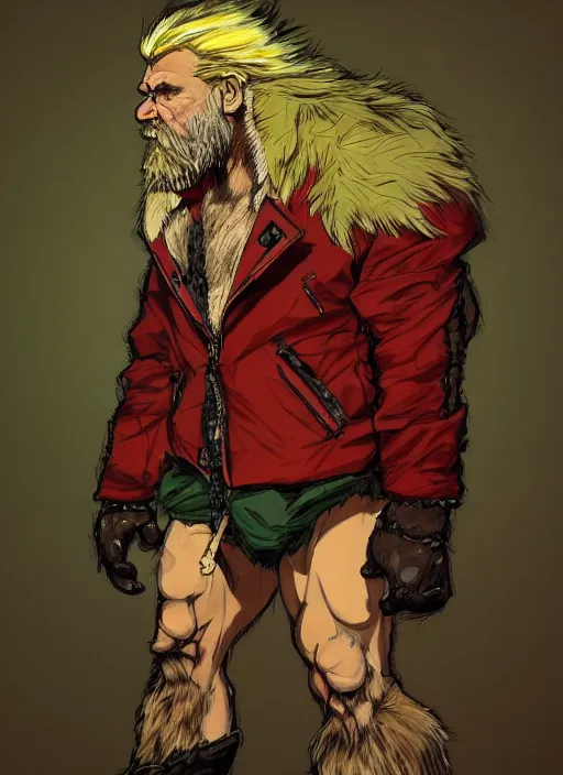 Image similar to Full body portrait of an old muscular man with blonde hair and beard wearing bear skin and red, green and gold jacket. In style of Yoji Shinkawa and Hyung-tae Kim, trending on ArtStation, dark fantasy, great composition, concept art, highly detailed.