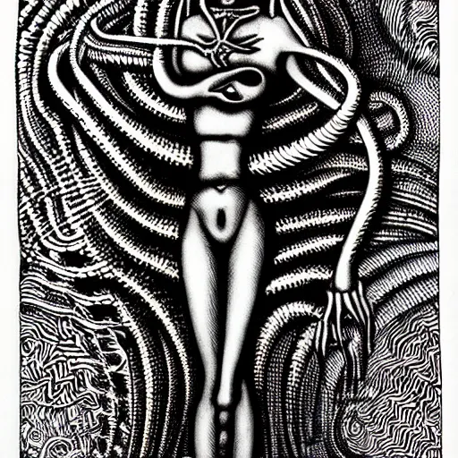 Prompt: eldritch woman abomination of unimaginable horror by h. r. giger and junji ito, speculative evolution, op art with big bold patterns