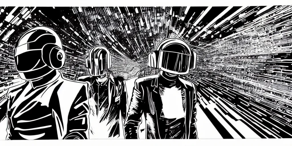 Image similar to detailed black ink manga artwork of 2 Daft Punk robot rock using Apple notebook Macbook at an underground warehouse rave in Ibiza, playing techno house music, thousands of beautiful girls in bikini dancing, in the style of manga illustration, wires, speakers, black and white ink, some ink drips, sharp details