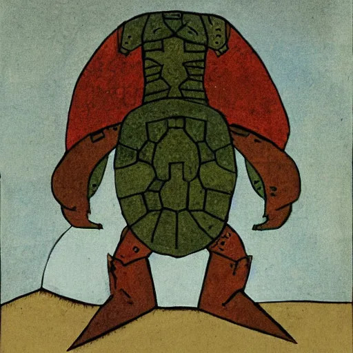 Prompt: turtle as a dark souls boss by paul klee