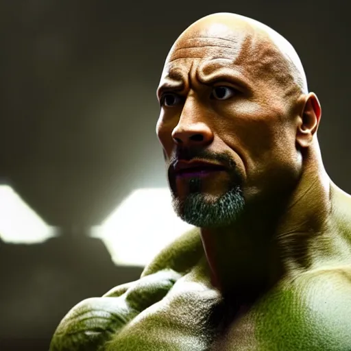 Prompt: a still portrait dwayne johnson as a bald green skin incredible hulk, cinematic, shallow depth of field