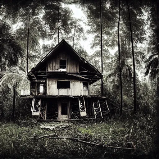 Prompt: hyperrealistic highdetailed abandoned russian cabin house in the tropical wood, palms, overgrown place, trees are in building and go through house, birds in the sky, mystic, melancholy, pinhole analogue photo quality, lomography, scratches on photo, noise effect, blur effect, 3 5 mm, monochrome