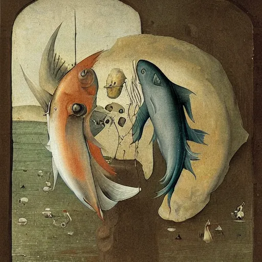 Image similar to two fishes talking to eachother in deep sea, art by hieronymus bosch