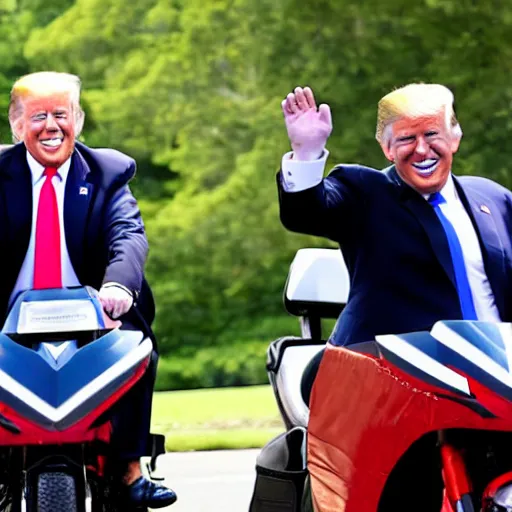 Prompt: joe biden and donald trump drunkenly riding two seater bike together, laughing and joking, photorealistic, detailed