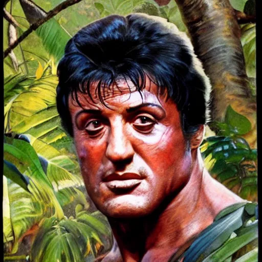 Image similar to color portrait of sylvester stallone in the jungle by frank frazetta