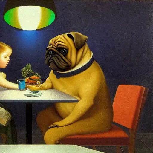 Prompt: a humanoid pug takes you out for a nice dinner by Raphael, Hopper, and Rene Magritte. detailed, romantic, enchanting, trending on artstation.