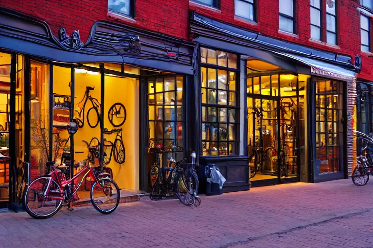 Prompt: boutique bicycle shop storefront wide angle street at dusk, red brick surround, cinematic lighting