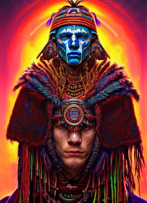 Image similar to portrait of jesse eisenberg, hyper detailed ultra sharp aztec shaman warrior. trending on artstation, warpaint aesthetic, bloodwave, colorful, psychedelic, ornate, intricate, digital painting, concept art, smooth, sharp focus, illustration, art by artgerm and greg rutkowski and h. r. giger, 8 k