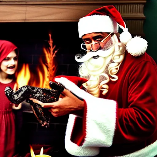 Image similar to uhd candid photo of bin laden and a b dressed as santa claus, making a bomb. correct faces, intricate details, hyperdetailed, accurate faces. photo by annie leibowitz