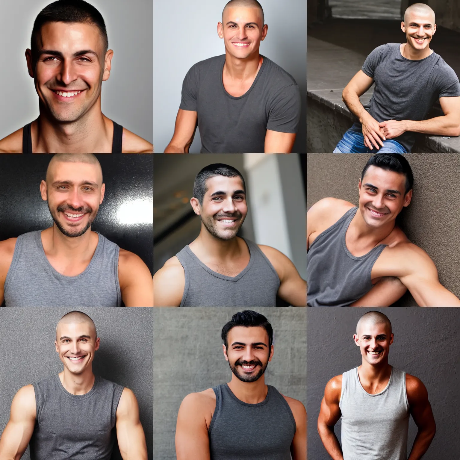 Prompt: tanned masculine woman, with buzzcut dark hair, grey tank top, passeport picture smiling