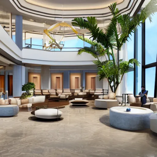 Image similar to realistic luxury hotel lobby interior in miami with pools in the background, corona render, detailed, symmetrical, minimal, clean, vegetation, herzog and de meuron