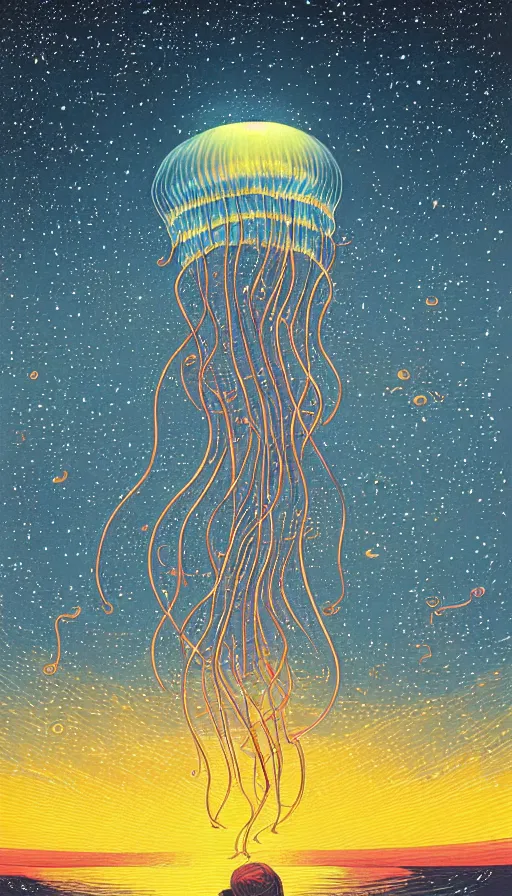 Image similar to The luminous jellyfish floating in starlit sunset sky, italian futurism, Dan Mumford, da vinci, Josan Gonzalez