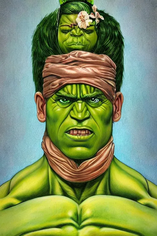 Image similar to ultra detailed incredible hulk portrait in the style of Frida Kahlo