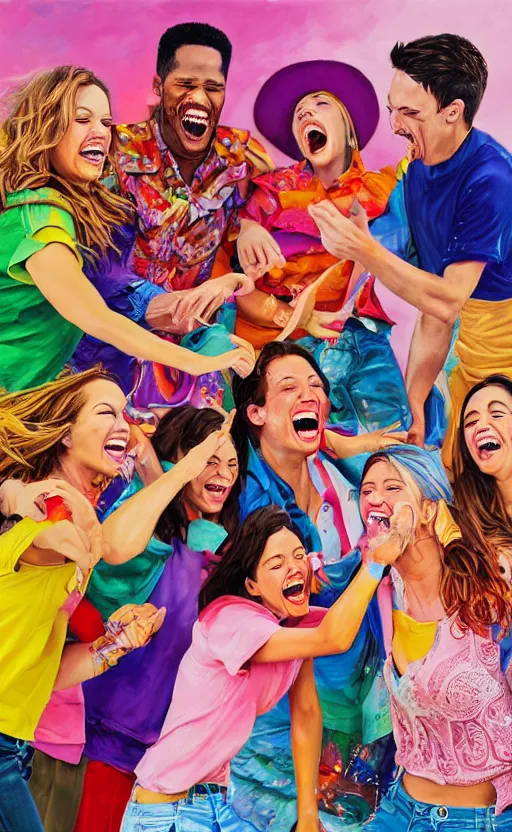 Prompt: incredible beautiful detailed intricate photorealistic painting of a group of friends laughing together. the colors are very vibrant and the people in the photo look very happy. vibrant colors, funny, personal, positive, visually pleasing, engaging. high resolution. high quality. photorealistic. hq hd. 8 k. trending on artstation. group of friends laughing.