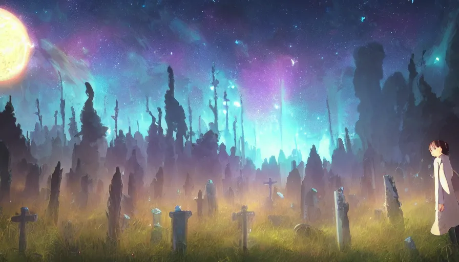 Prompt: A highly detailed digital art haunted graveyard at night, shimmering starry nebula sky by Studio Ghibli, Makoto Shinkai, by Artgerm, by beeple, volumetric lighting, octane render, 4K resolution, trending on artstation, masterpiece, vivid colours