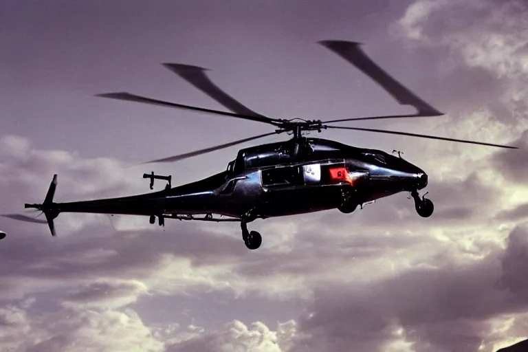 Image similar to Airwolf flying above Knight Rider, helicopter above sports car, action TV show, cinematic lighting, 1980s television show