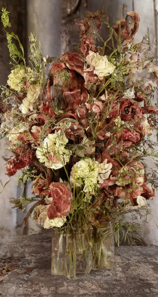 Image similar to Human flesh, bones, rotten meat and rusted metal arranged inside a flower vase