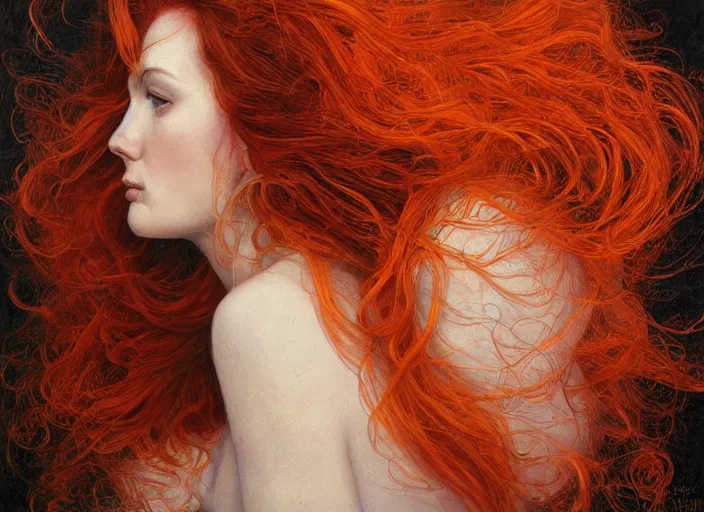 Image similar to a highly detailed beautiful portrait of woman with flaming fiery hair, james gurney, james jean