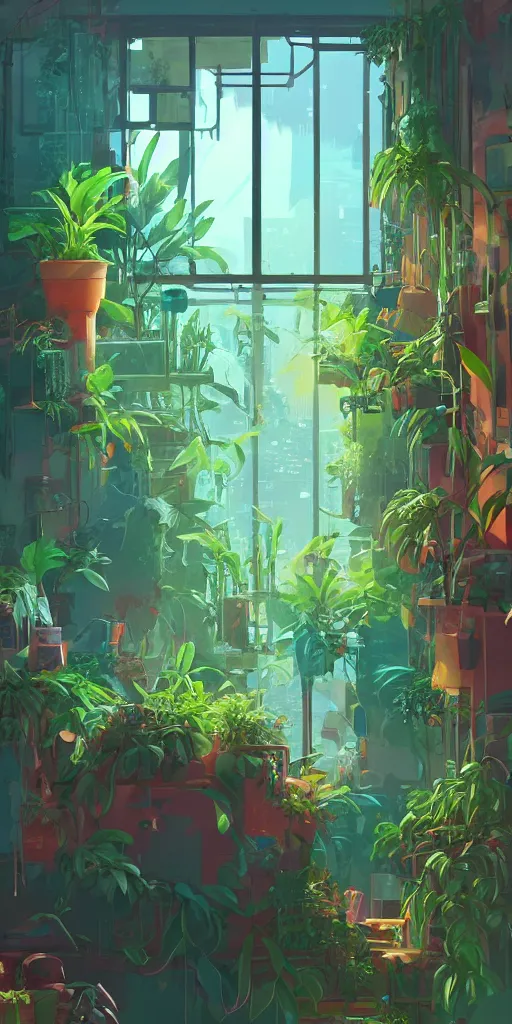 Image similar to lush solarpunk windowsill with plants on it, looking out toward a solarpunk cityscape, vignette of windowsill, detailed digital concept art by anton fadeev and marc simonetti, trending on artstation