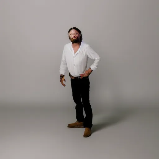 Prompt: coyote head (man) standing in a plain white room studio photo