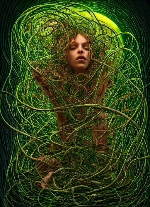 Image similar to a beautiful person trapped in the fetal position inside of extremely thick vines intertwined, central circular composition, high saturation, epic lighting, in the style of Peter gric and Hannah yata 8k