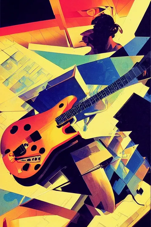 Image similar to wideangle action, portrait of a crazy guitarist, decoherence, synthwave, glitch!!, fracture, vortex, realistic, hyperdetailed, concept art, golden hour, art by syd mead, cubism