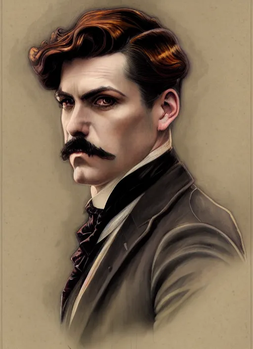 Image similar to an art nouveau, victorian male detective portrait in the style of charlie bowater, and in the style of donato giancola, and in the style of charles dulac. very large, clear, expressive, intelligent eyes. symmetrical, centered, ultrasharp focus, dramatic lighting, photorealistic digital painting, intricate ultra detailed background.