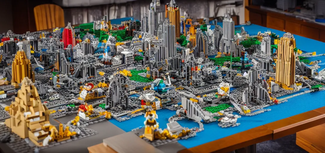 Image similar to detailed lego build of sydney on basement table, professional photo, professional lighting, HDR